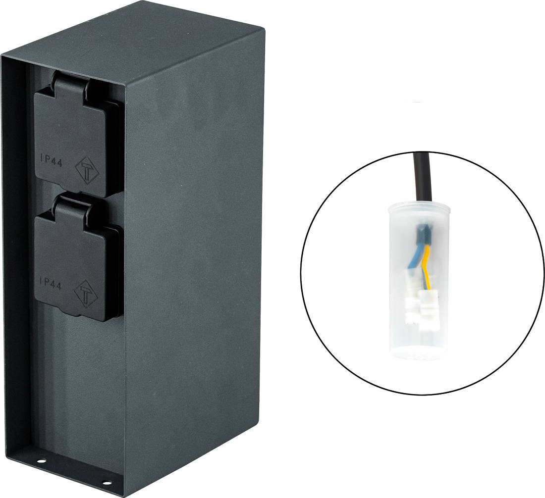 Schwarze Außenelektrobox mit zwei abgedeckten IP44-Steckdosen, plus eine kreisförmige Vergrößerung, die die innere Verdrahtung in einem transparenten Stecker zeigt.