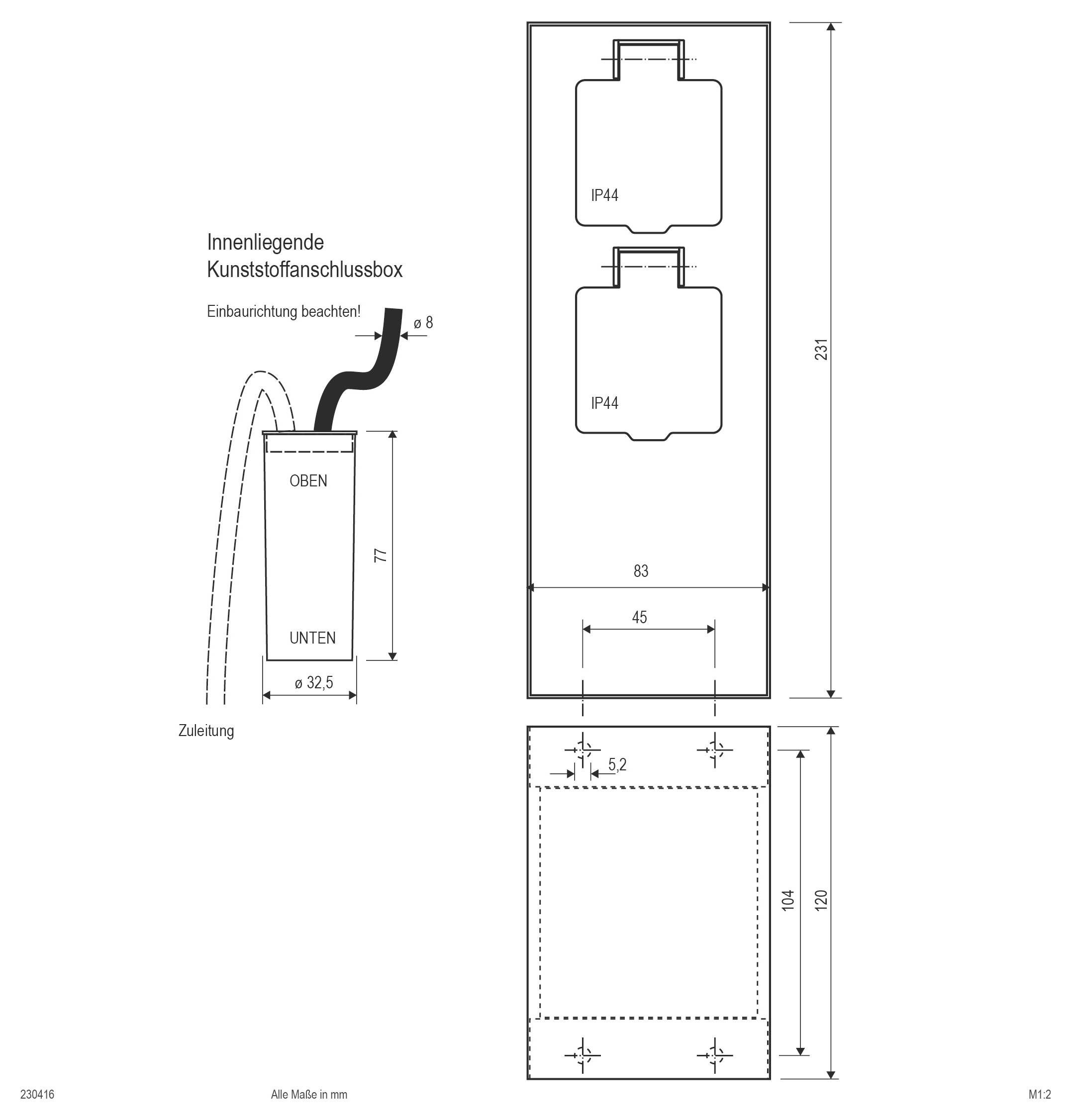 Technische Zeichnung eines wandmontierten Gehäuses mit Abmessungen in mm, Kabeleinführung, zwei IP44-Abteilen und Bohrungspositionen für die Befestigung.
