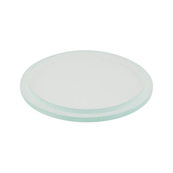 Eine glatte, runde, transparente Glasplatte mit leicht erhobenem Rand auf weißem Hintergrund.