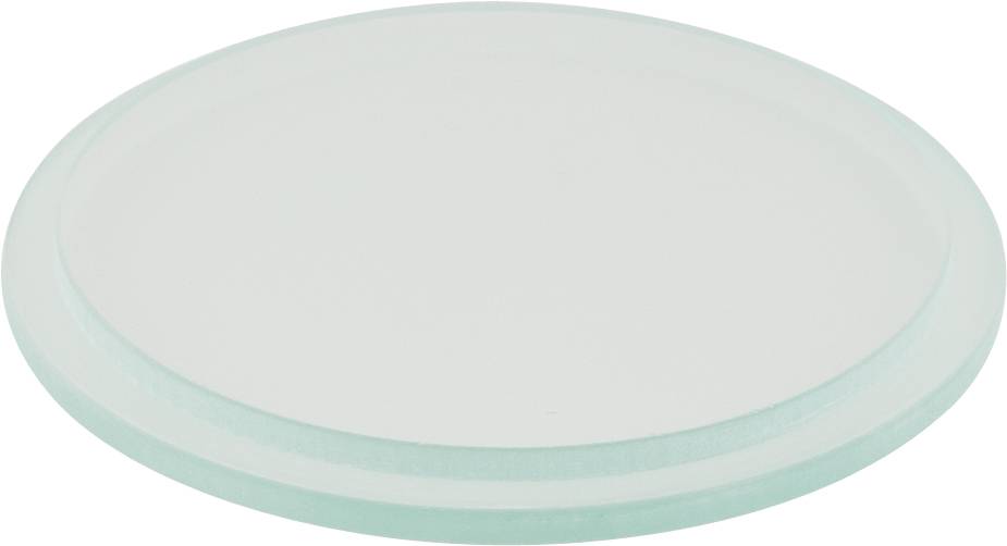 Transparente kreisförmige Glaspetridose, von oben auf weißem Hintergrund betrachtet.