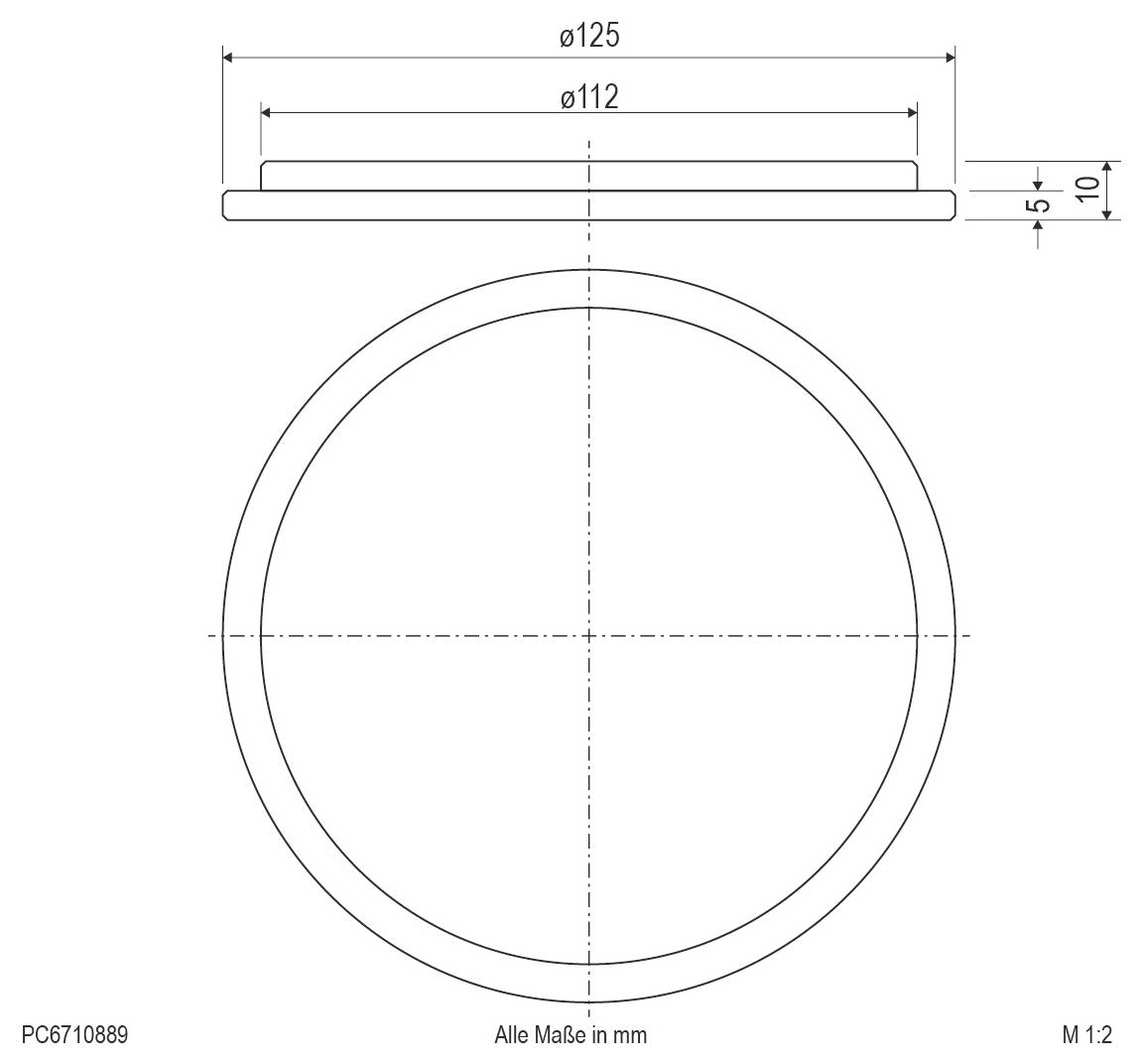 Technische Zeichnung eines kreisförmigen Rings oder einer Scheibe, die Draufsicht und Vorderansicht mit den Abmessungen ø125, ø112, 5 und 10 mm im Maßstab 1:2 zeigt.