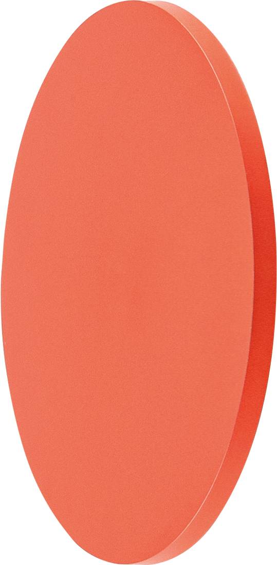 Eine orange-rote 3D-Ovalform auf weißem Hintergrund, in Seitenansicht mit einer dünnen schattigen Kante dargestellt.