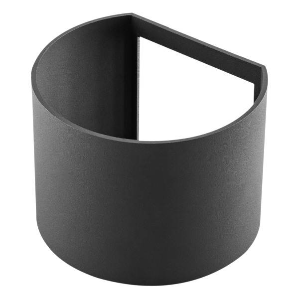 Ein halbzylindrischer, schwarzer Halter mit offenem Teil an der Seite. Geeignet zur Aufnahme eines runden Objekts oder als Stütze.