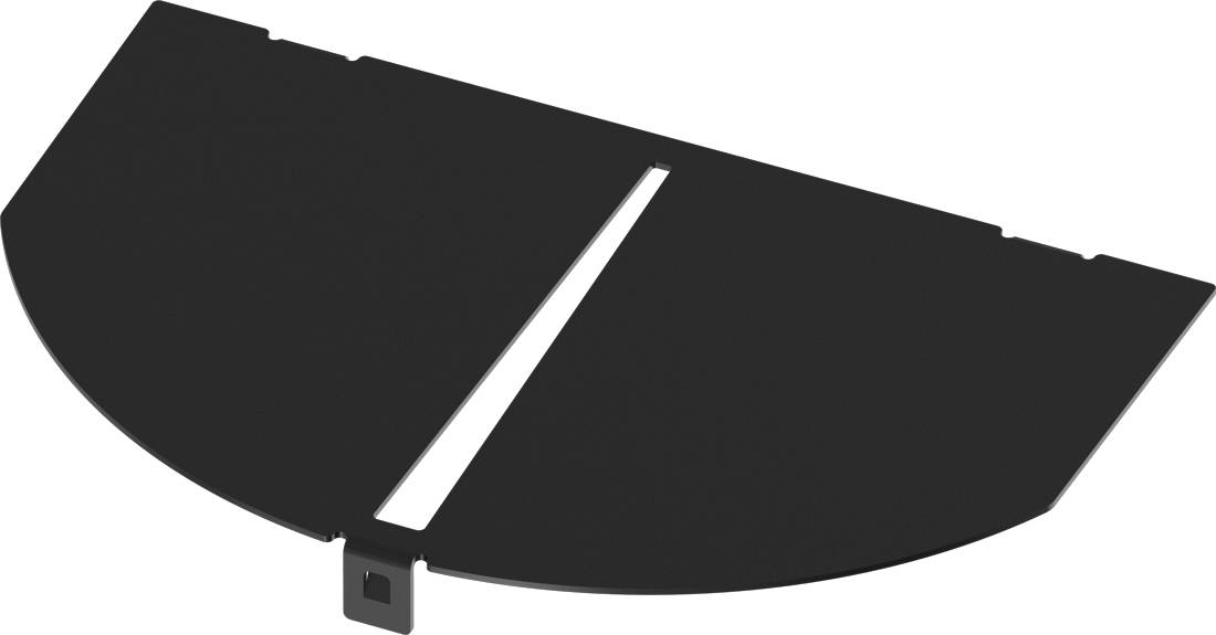 Schwarze halbkreisförmige Metallabdeckung mit einem schmalen mittigen Schlitz und einer kleinen Befestigungslasche unten, auf weißem Hintergrund dargestellt.