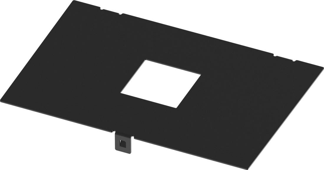 Schwarze rechteckige Metallplatte mit zentralem quadratischem Ausschnitt und kleiner Montagelaschen, shown on a white background.