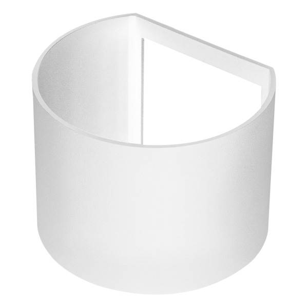 Ein weißer, halbkreisförmiger Objekt mit offener Seite, perspektivisch dargestellt. Es scheint aus einem glatten Material gefertigt zu sein.