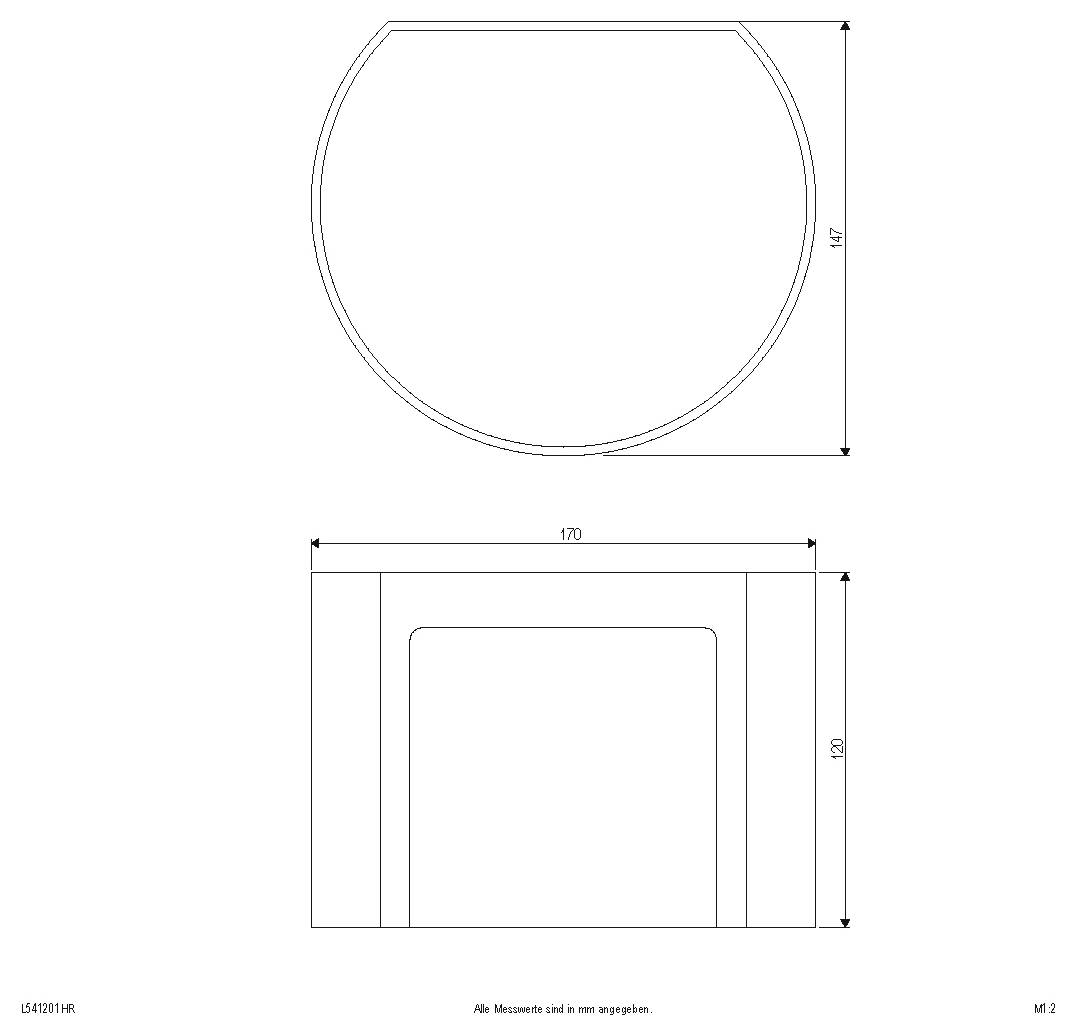 Technische Zeichnung eines Schranks oder Gehäuses mit abgerundeter Oberseite, dargestellt in Vorder- und Seitenansicht mit Abmessungen von 170 mm Breite und 120 mm Höhe.