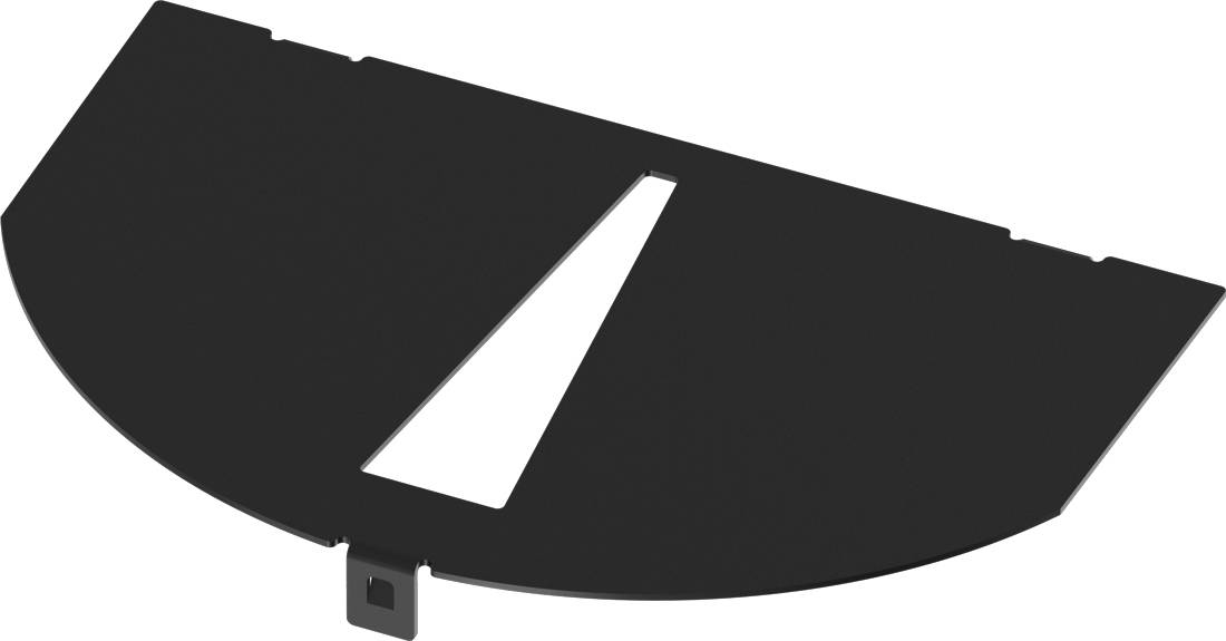 Schwarzes halbkreisförmiges Panel mit einem schmalen dreieckigen Schlitzausschnitt und einer kleinen Registerkarte am unteren Rand, dargestellt auf weißem Hintergrund.