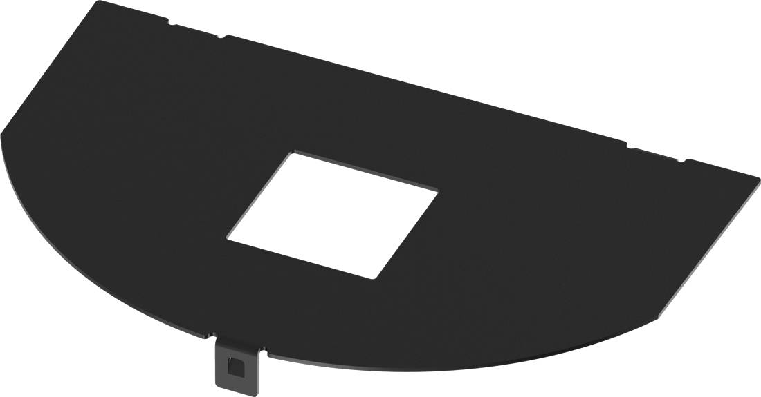 Schwarze gekrümmte Kunststoffabdeckung mit einem quadratischen Ausschnitt in der Mitte und einer kleinen Lasche am unteren Ende.