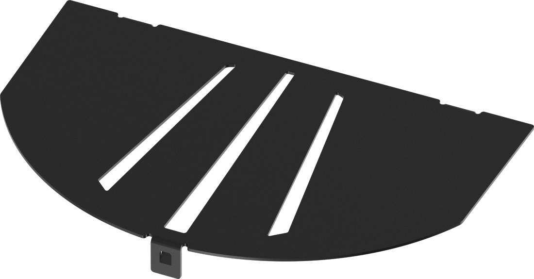 Schwarze halbkreisförmige geschlitzte Metallplatte mit drei langen diagonalen Ausschnitten und einer kleinen Befestigungslasche am unteren Ende.