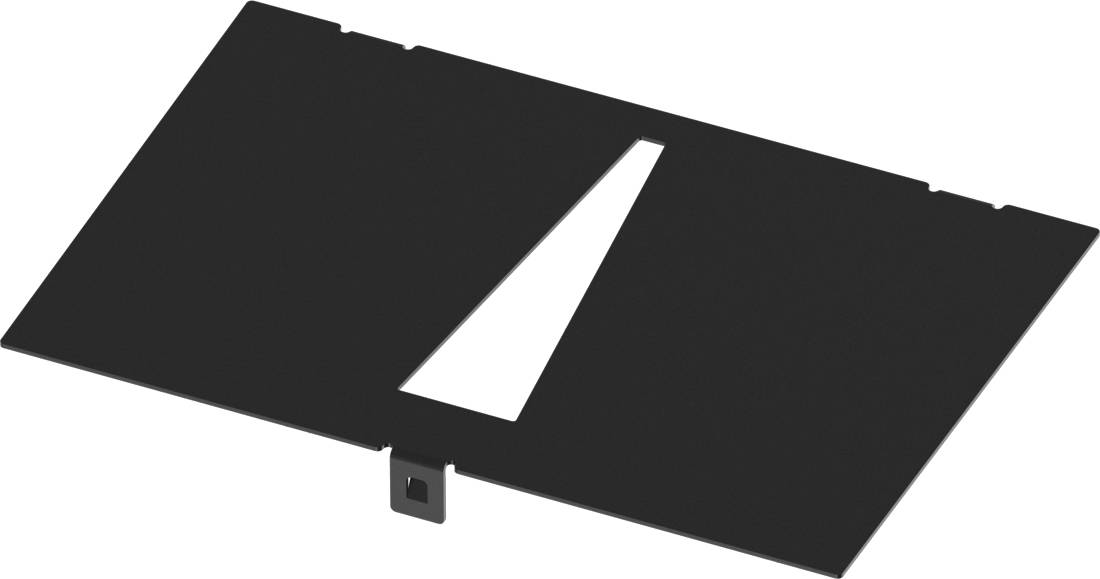 Schwarze rechteckige Metallabdeckplatte mit zentralem dreieckigem Ausschnitt und kleiner vorderer Lasche.