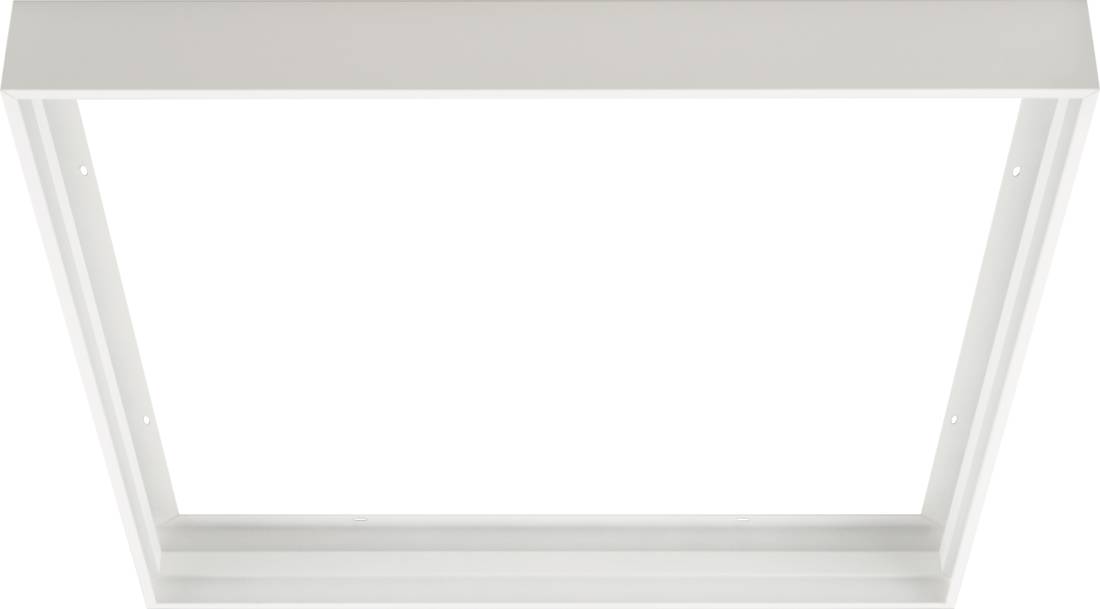 Weiße quadratische Deckenleuchte mit hell erleuchtetem Mittelpunkt und schlankem Rahmen auf weißem Hintergrund.