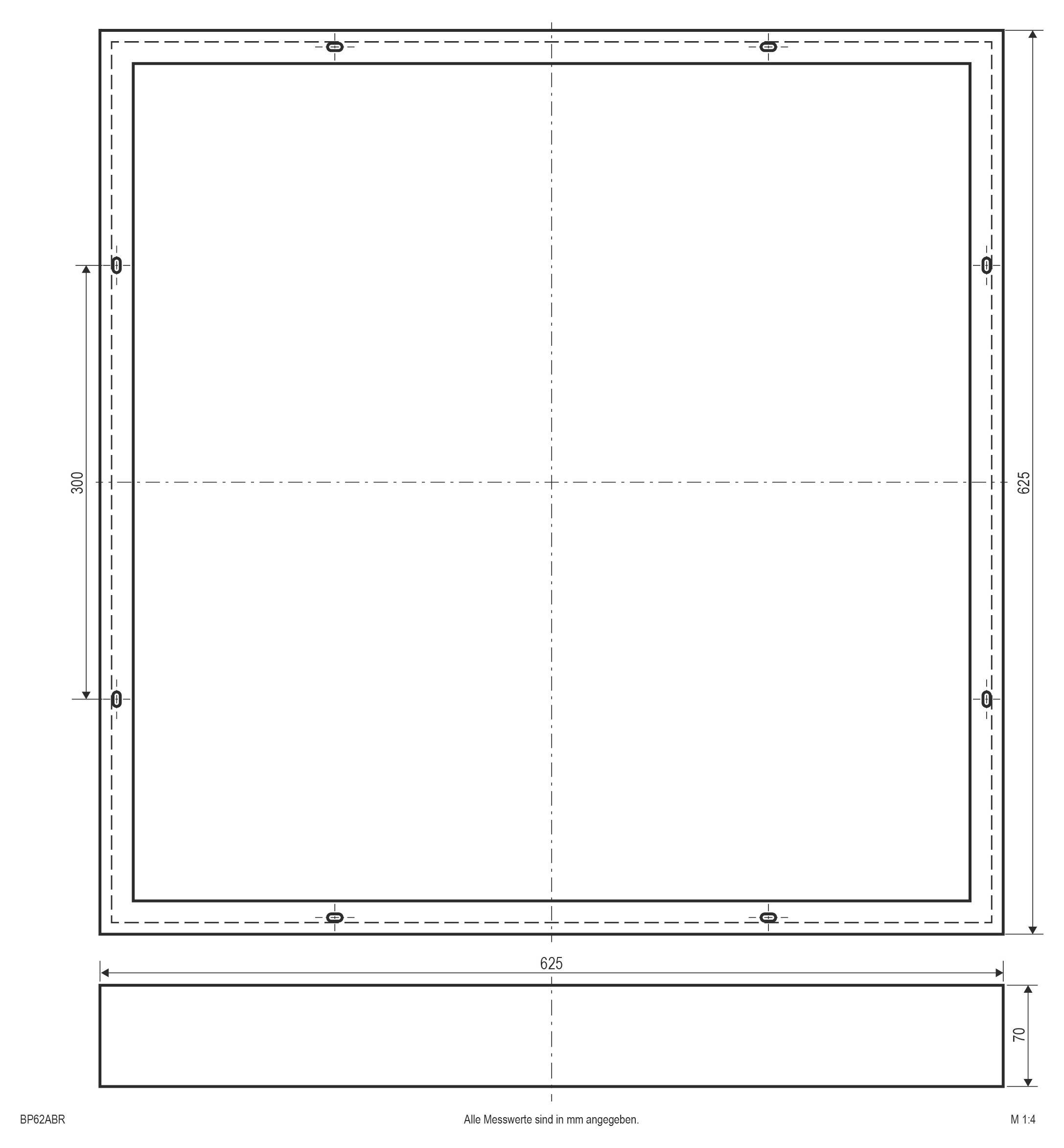 Technische Zeichnung eines rechteckigen Panels/Rahmens, 625 mm breit und 625 mm hoch, mit einem kleineren 70 mm Basisabschnitt darunter dargestellt.
