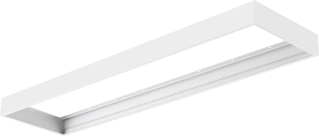 Weiße rechteckige Leuchtstoffdeckenleuchte mit langem zentriertem Diffusor, in schräger Ansicht vor weißem Hintergrund dargestellt.
