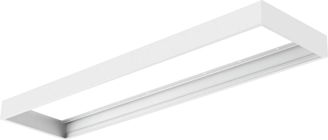 Weiße, eingelassene, lineare LED-Deckenleuchte, schräg auf einfachem Hintergrund abgebildet.