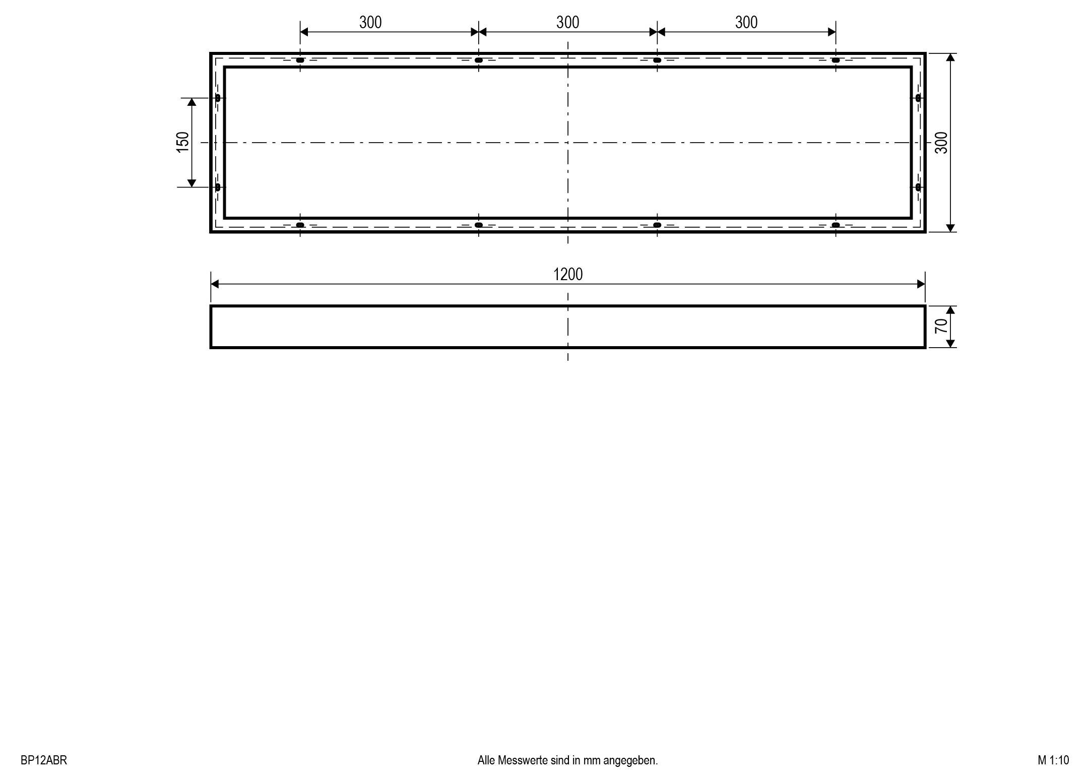 Technische Zeichnung eines rechteckigen Behälters oder Tabletts, Draufsicht und Seitenansicht, Abmessungen mit 1200 mal 300 mal 70 mm dargestellt, mit 300-mm-Segmenten und 150-mm-Versatz.