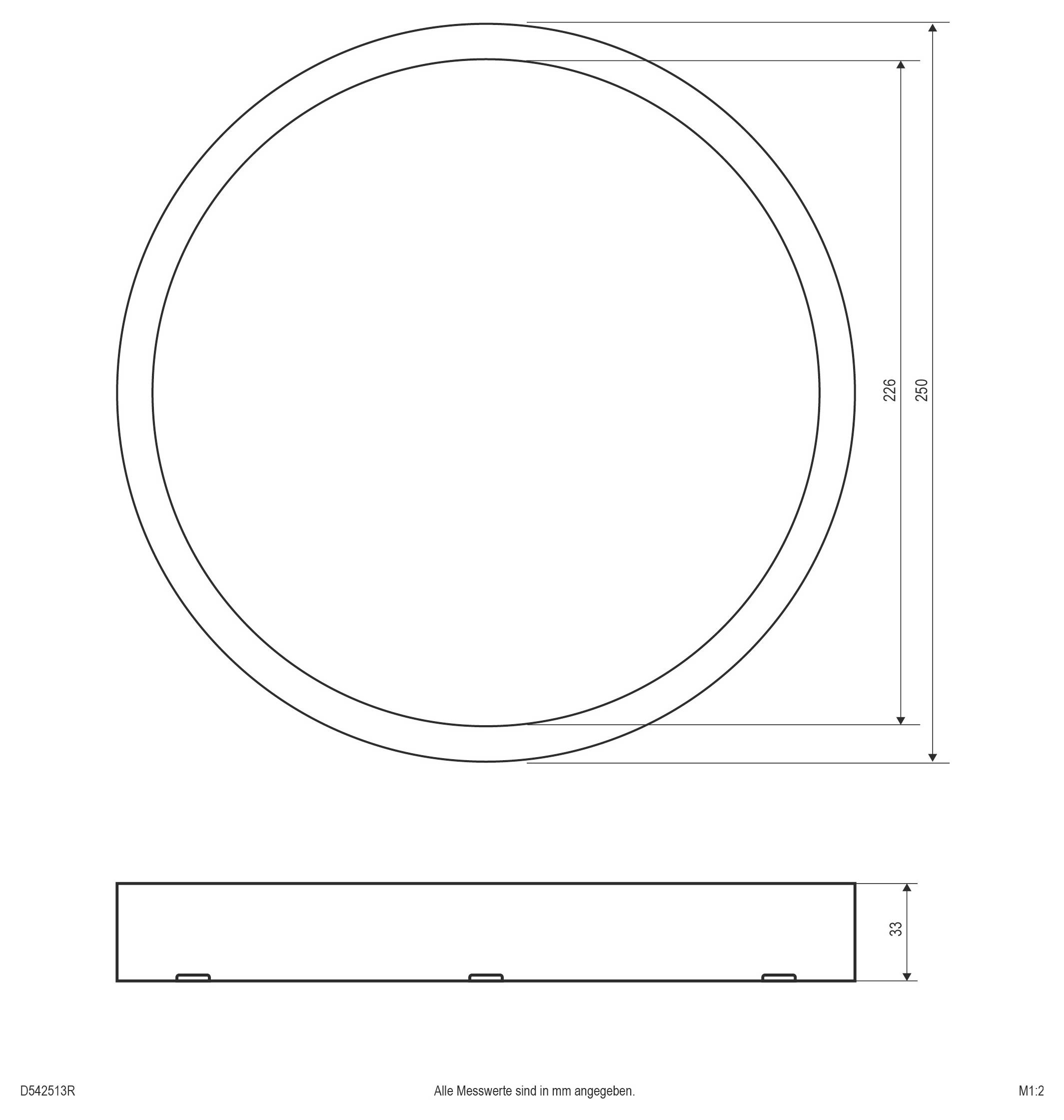 Technische Zeichnung eines kreisförmigen Objekts mit Draufsicht und Seitenansicht mit den Abmessungen 250 mm Durchmesser und 225 mm Innengröße, Höhe 33 mm.