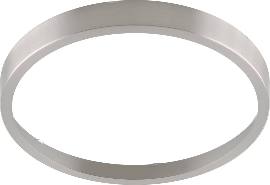 Ein einfacher silberner ovaler Ring oder Rahmen auf weißem Hintergrund, schräg dargestellt.