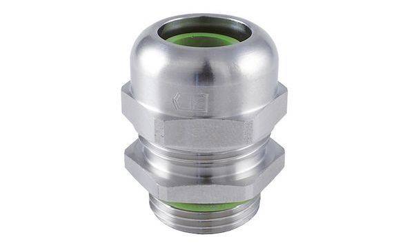 Ein silberner Kabelverschraubung aus Metall, zylindrische Form, abgerundetes Ende, mit grüner Dichtung innen sichtbar.