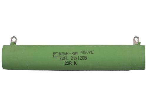 Grüner zylindrischer Widerstand mit Beschriftung: 'KRAH-RWI 48/07E, ZDFL 21x120B, 22R K'.