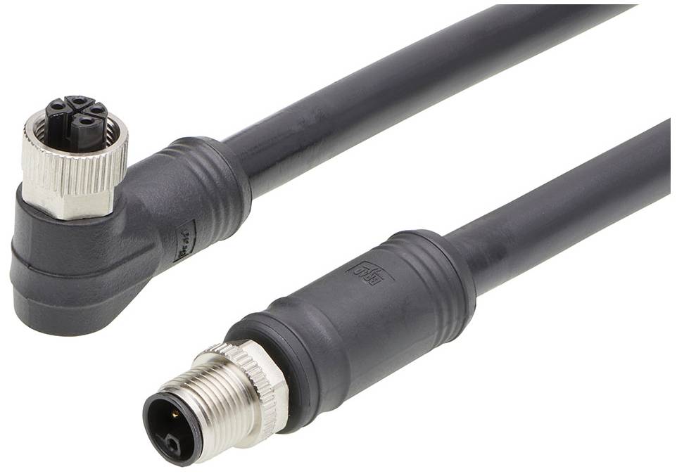 Schwarzes M12-Sensor-/Aktor-Kabel, oben mit 90-Grad-Winkelstecker und unten mit geradem Stecker, für industrielle Anwendungen.