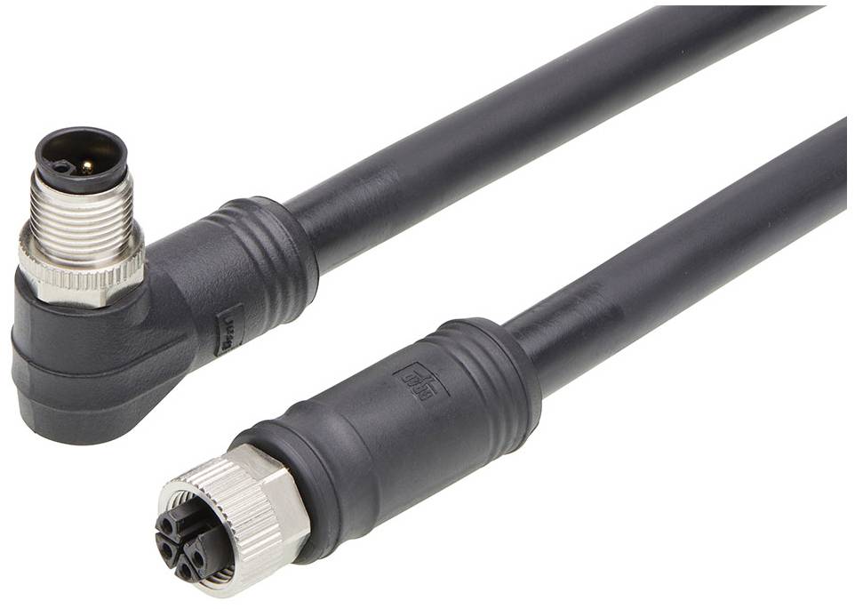 Zwei schwarze Kabel mit Steckverbindungen, ein gewinkelter und ein gerader Stecker, geeignet für industrielle Anwendungen.