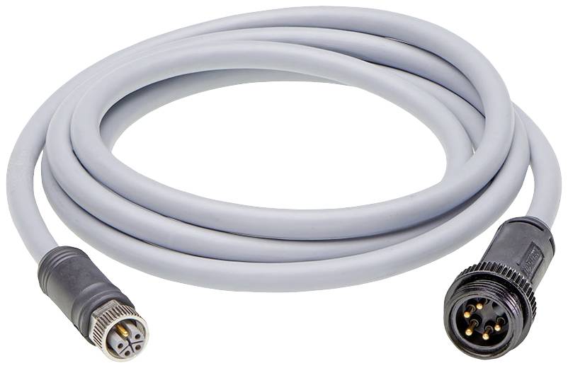 Graues elektrisches Kabel mit runden Steckern an beiden Enden, einem männlichen und einem weiblichen Anschluss.