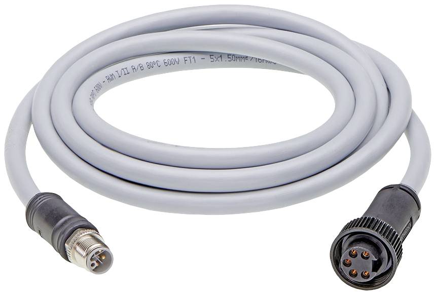 Graues, rundes Kabel mit mehreren Pins an beiden Enden, geeignet für elektronische Verbindungen und industrielle Anwendungen.