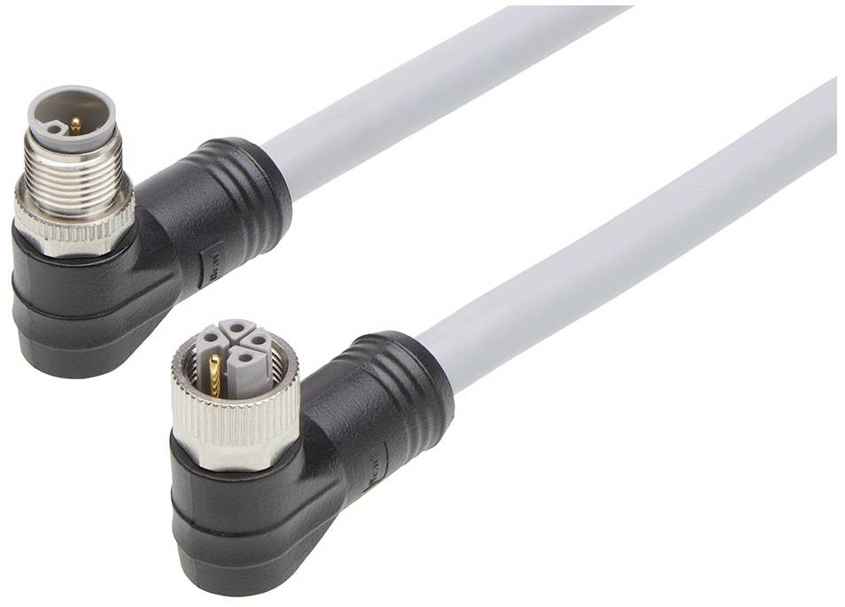 Zwei Winkelstecker mit grauen Kabeln, die jeweils männliche und weibliche Verbindungsstücke zeigen, geeignet für industrielle Anwendungen.