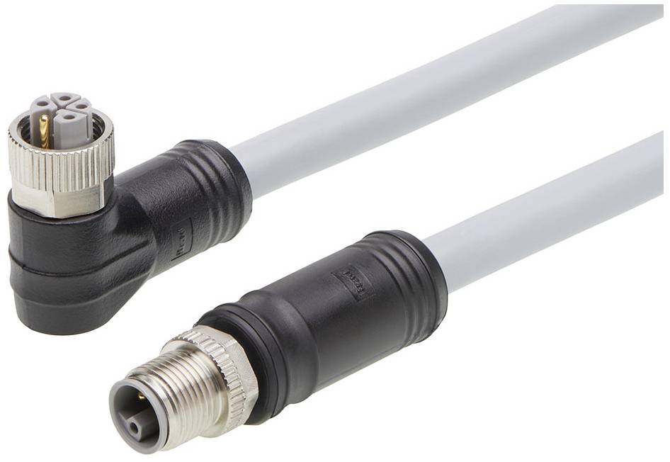 Zwei M12-Steckverbinder an einem grauen Kabel. Der linke Steckverbinder ist im rechten Winkel gebogen, der rechte ist gerade.