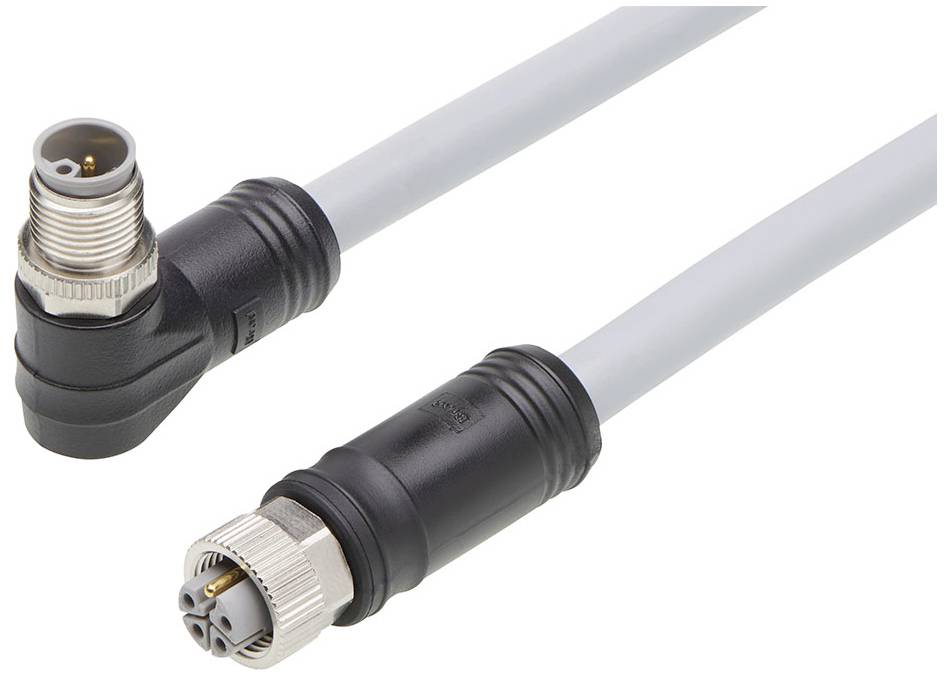 Zwei M12-Steckverbinder, einer mit gewinkeltem Stecker, der andere mit geradem Stecker, verbunden durch ein graues Kabel.