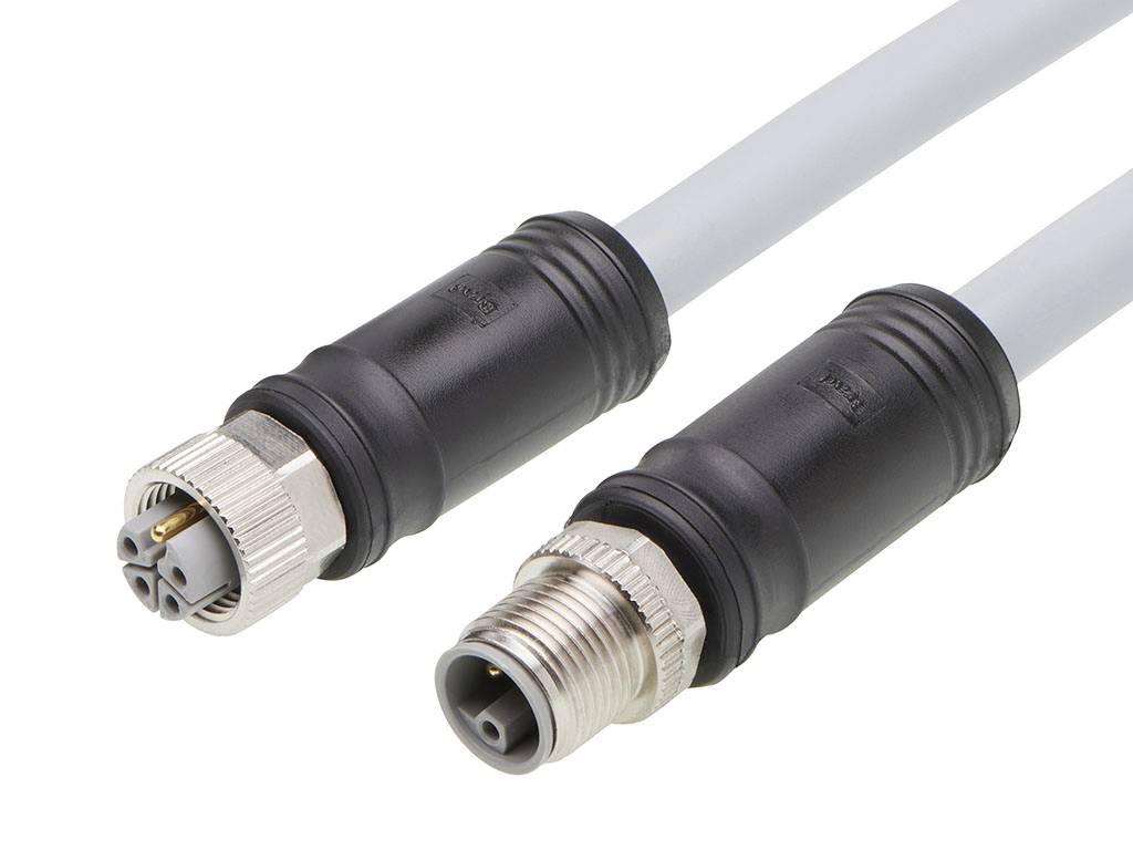 Zwei Steckverbinderkabel mit schwarzen und silbernen Enden sind gezeigt. Ein Kabel hat runde Stifte, das andere Kabel hat Buchsen.