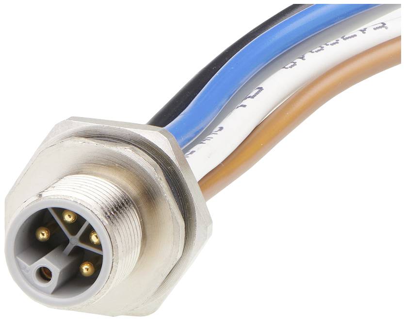 Elektrotechnischer Stecker mit vier Kabeln in unterschiedlichen Farben (blau, schwarz, braun, weiß), die zur Signalübertragung genutzt werden.