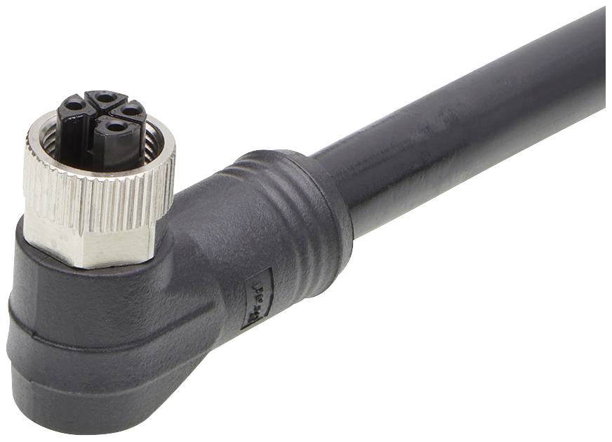 Schwarzer gewinkelter Stecker mit metallischem Anschlusskopf. Geeignet für industrielle Anwendungen, bietet sicheren und festen Halt.