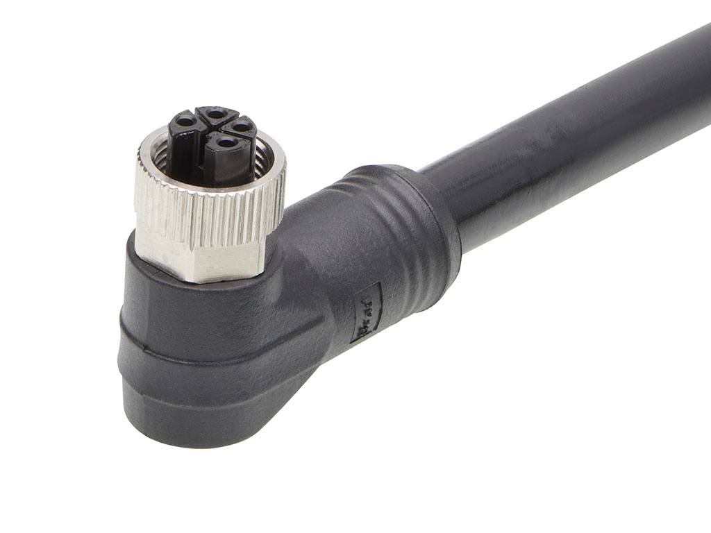 Ein gewinkeltes Kabel mit einem Metallstecker am Ende, geeignet für elektronische Verbindungen in industriellen Anwendungen.