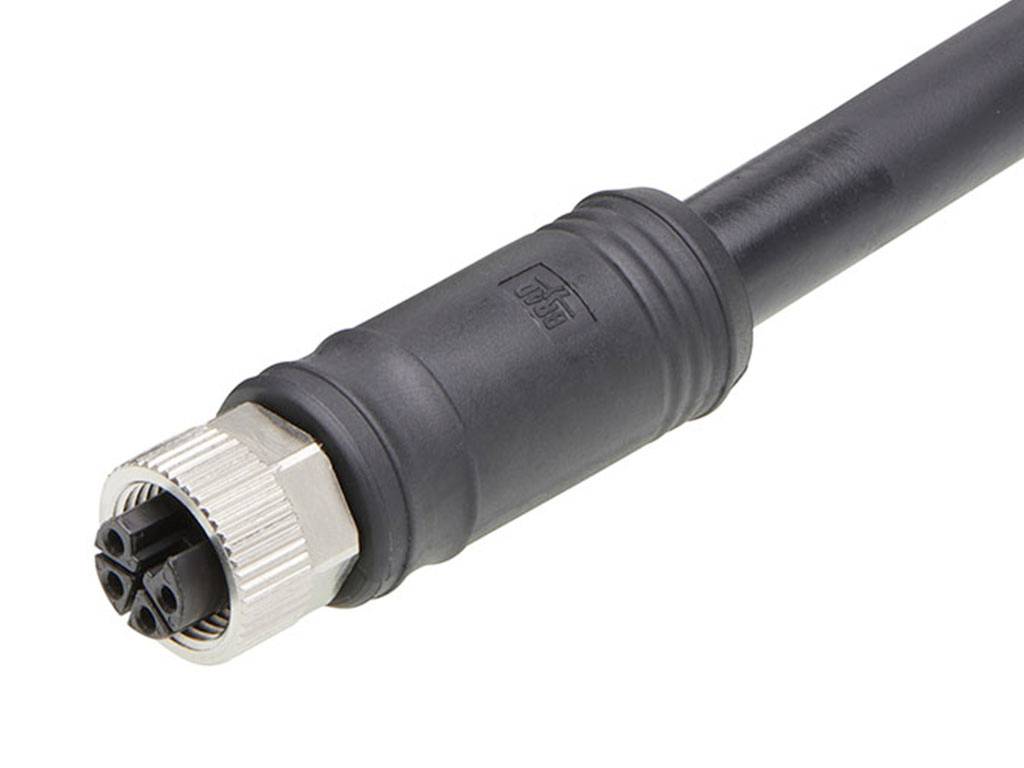 Schwarzes Kabel mit runder, metallischer Steckverbindung, geeignet für industrielle Anwendungen.