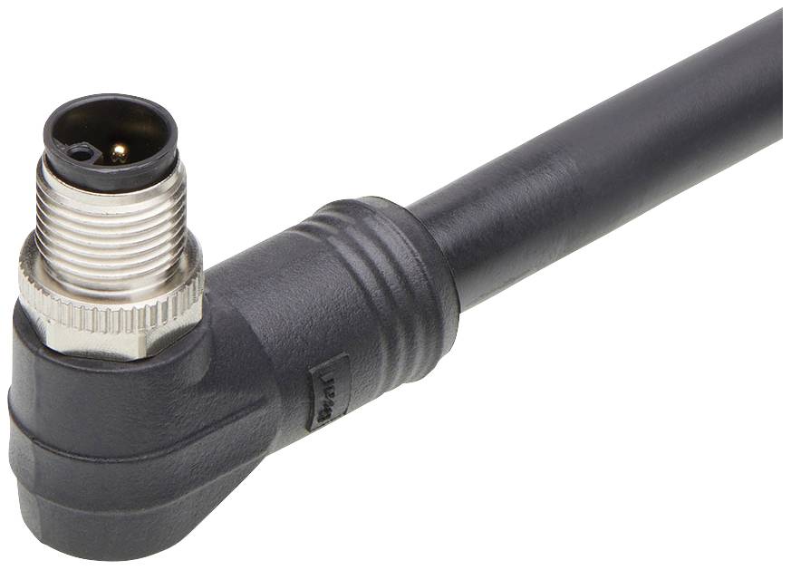 Kabel mit rechtwinkligem M12-Stecker in schwarzer Ummantelung, dient zur industriellen Signal- oder Leistungsübertragung.