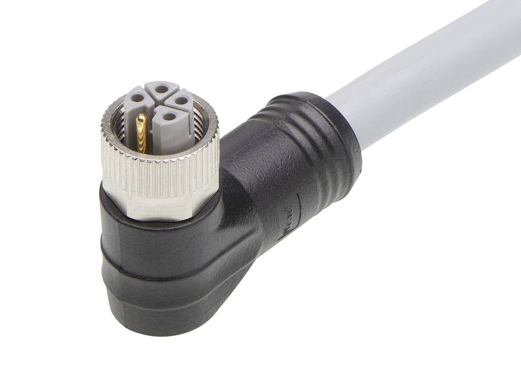 Schwarzer, abgewinkelter Kabelstecker mit grauem Kabel.