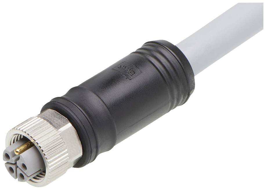 Ein schwarzer, zylindrischer Steckverbinder mit metallischer Schraubverbindung und grauem Kabel, geeignet für industrielle Anwendungen.