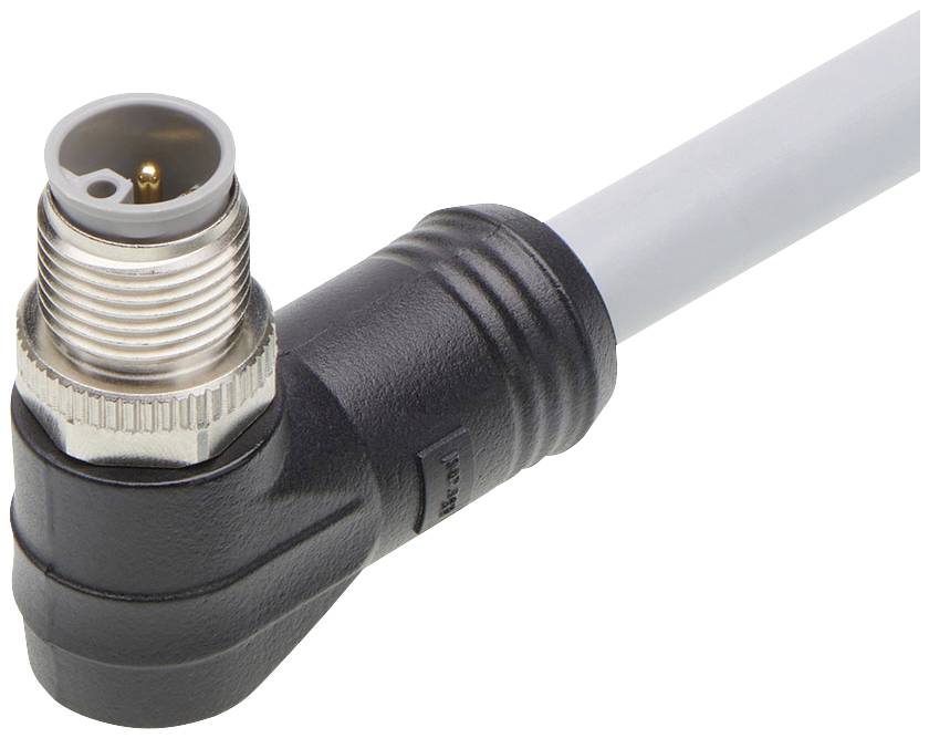 Ein schwarz-silberner Winkelstecker mit Kabel, geeignet für industrielle Verbindungen.