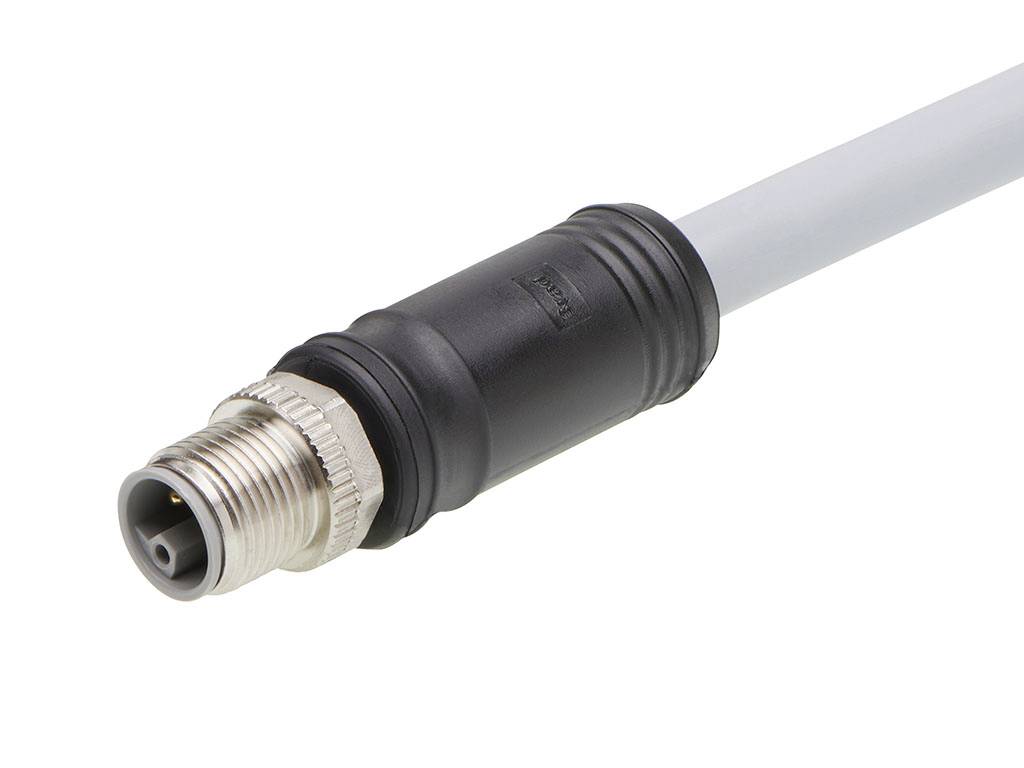 Ein weißes Kabel mit einem schwarzen und silbernen Steckverbinder an einem Ende, geeignet für industrielle Anwendungen.