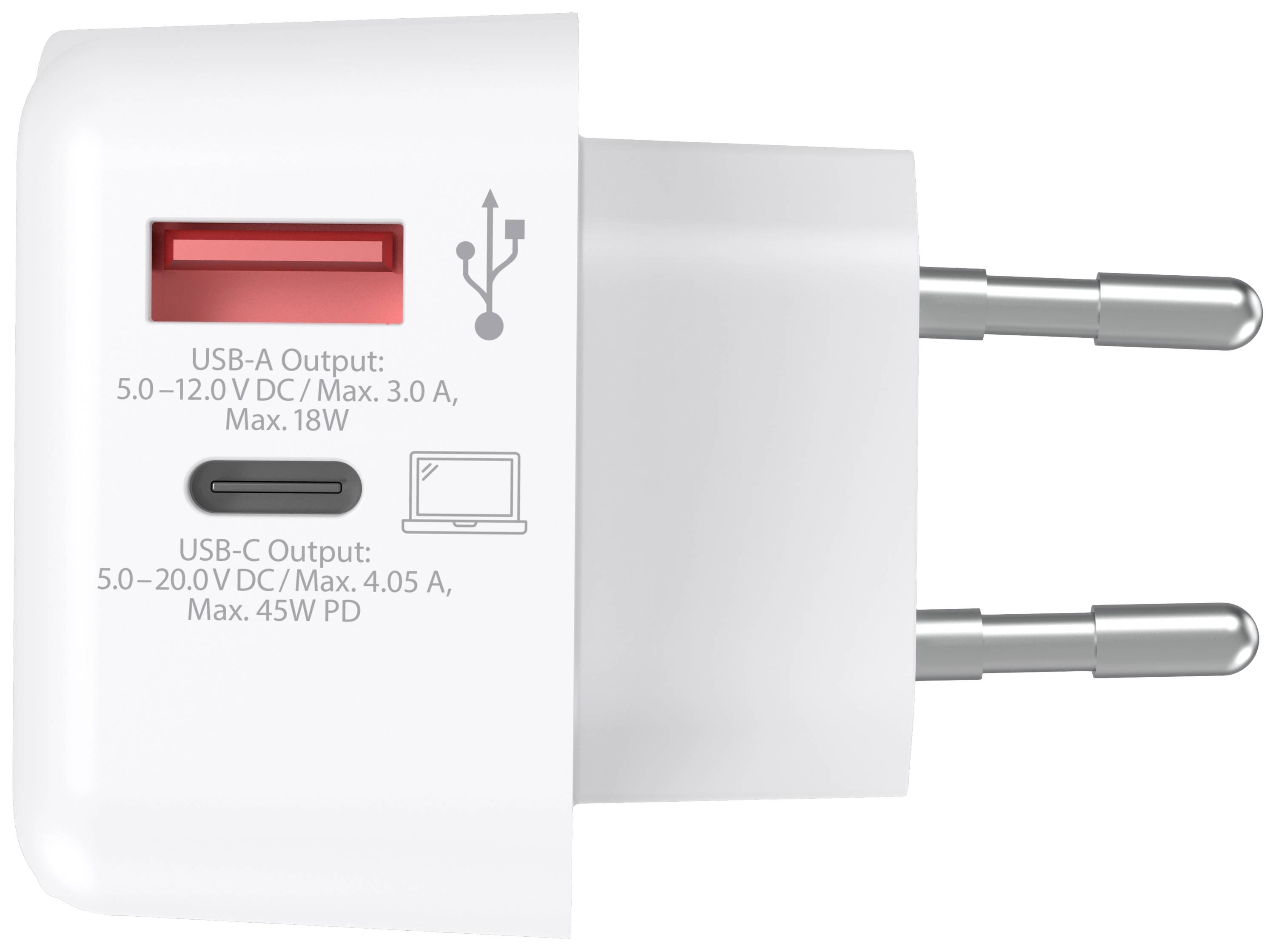 Weißes USB-Ladegerät mit zwei Anschlüssen: roter USB-A und schwarzer USB-C. USB-A: 5-12 V DC, 3 A, 18 W. USB-C: 5-20 V DC, 4,05 A, 45 W PD.