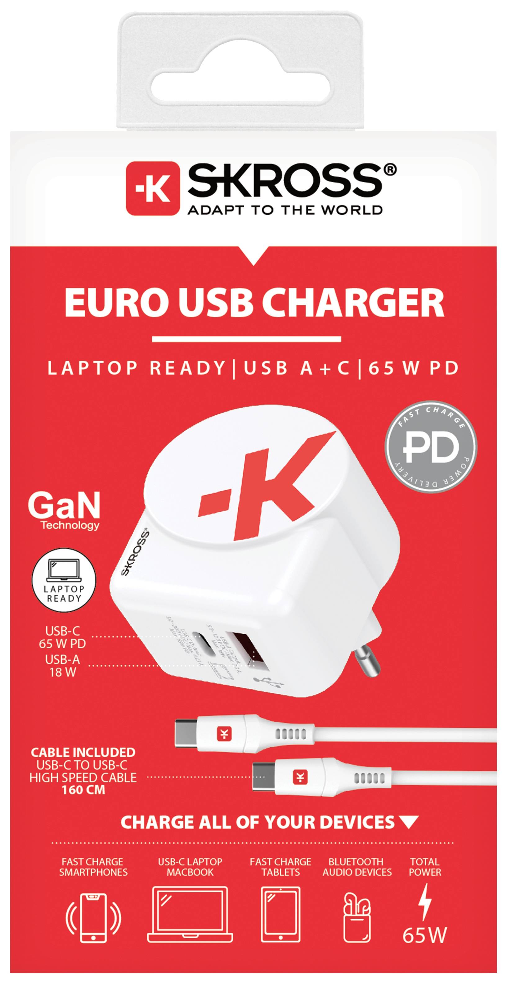 Euro USB-Ladegerät von SKROSS, geeignet für Laptops. USB A+C Anschlüsse, 65W Leistung. Enthält ein USB-C-Kabel.