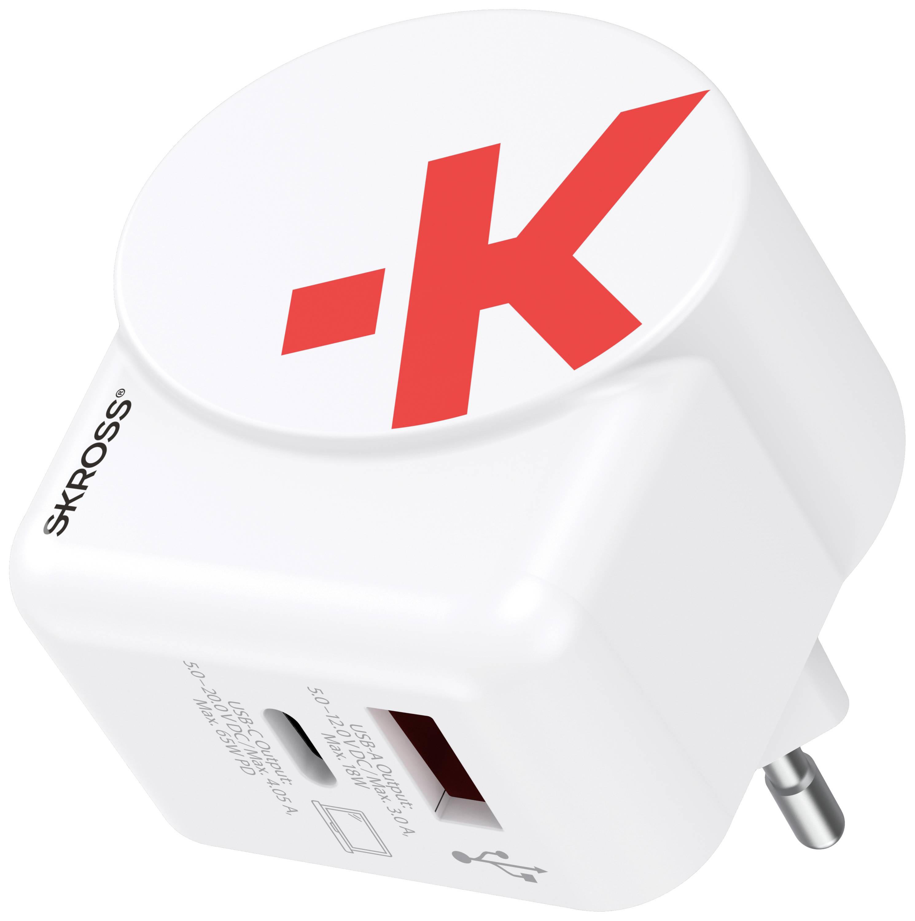 Reiseadapter mit zwei USB-Anschlüssen und einer T-Steckdose, geeignet für europäische Steckdosen. Weiß mit rotem 'K'-Logo.