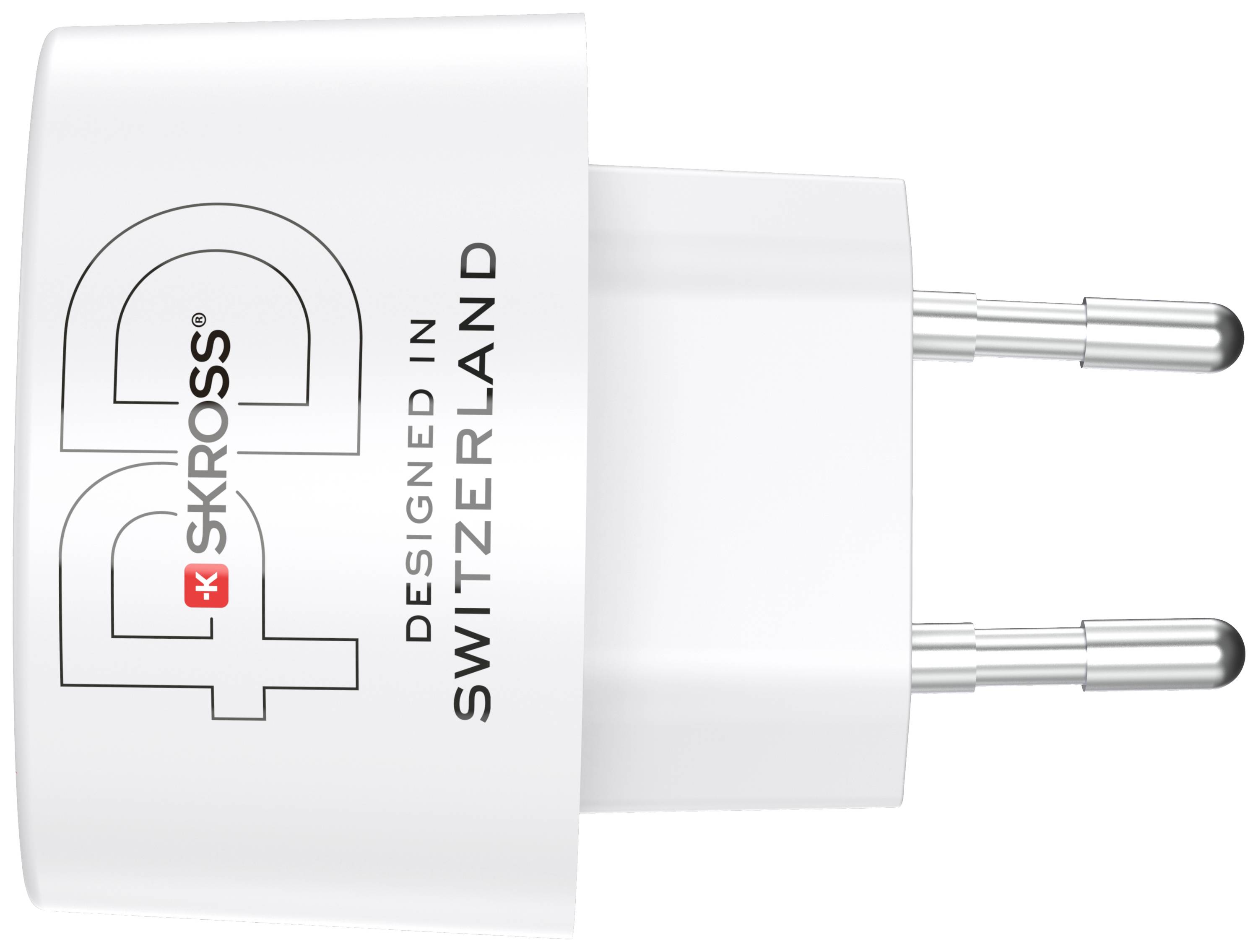 'Skross' Adapter mit europäischem Steckerdesign, beschriftet mit 'Designed in Switzerland'.