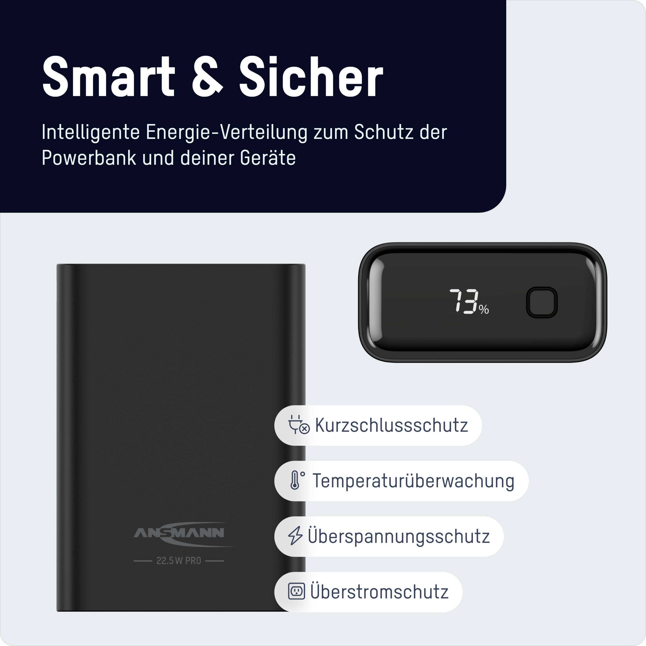 'Smart & Sicher: Intelligente Energie-Verteilung zum Schutz der Powerbank und deiner Geräte. Kurzschlussschutz, Temperaturüberwachung, Überspannungsschutz, Überstromschutz.'배