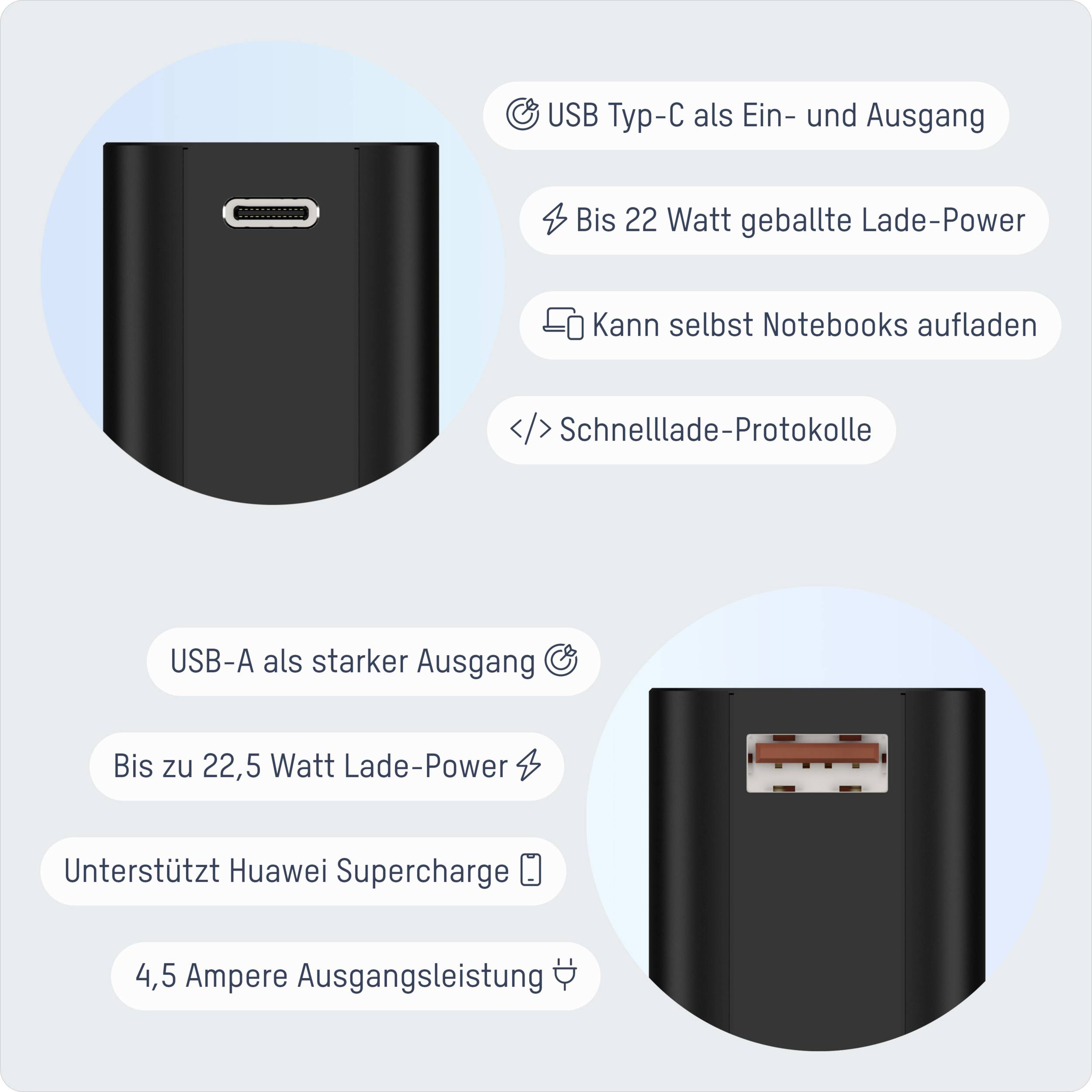 Das Bild zeigt einen Ladegerät-Adapter mit USB Typ-C und regulärem USB-Anschluss. Funktionen: 22,5 Watt Ladeleistung, Schnellladung, unterstützt Notebooks.