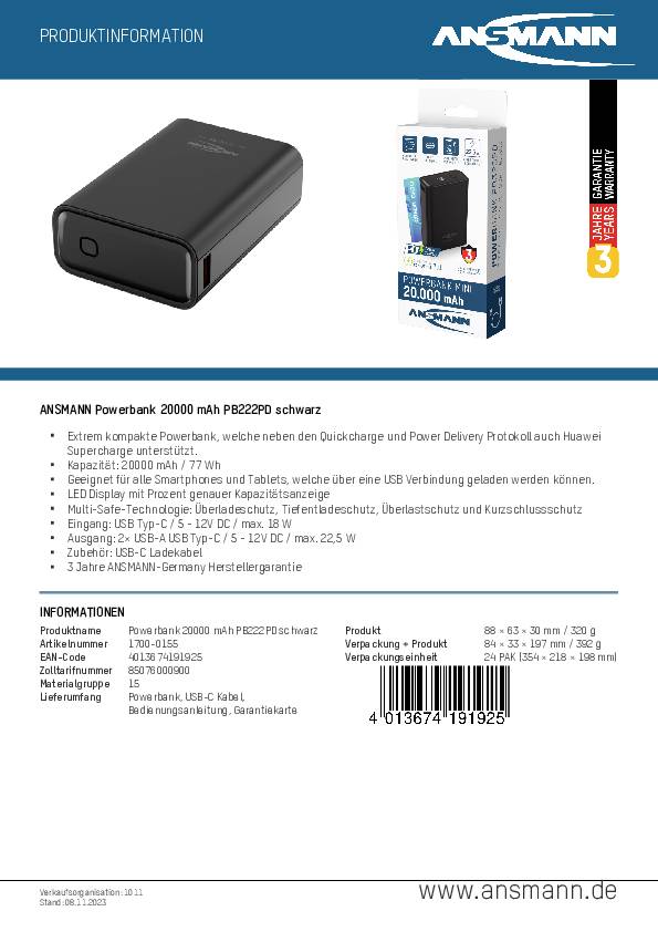 Produktinformation: Ansmann Powerbank 20000 mAh PE222Pro in Schwarz. Kompatibel mit Smartphones und Tablets, unterstützt Quickcharge und Huawei SCP. Maße: 88 x 63 x 30 mm.