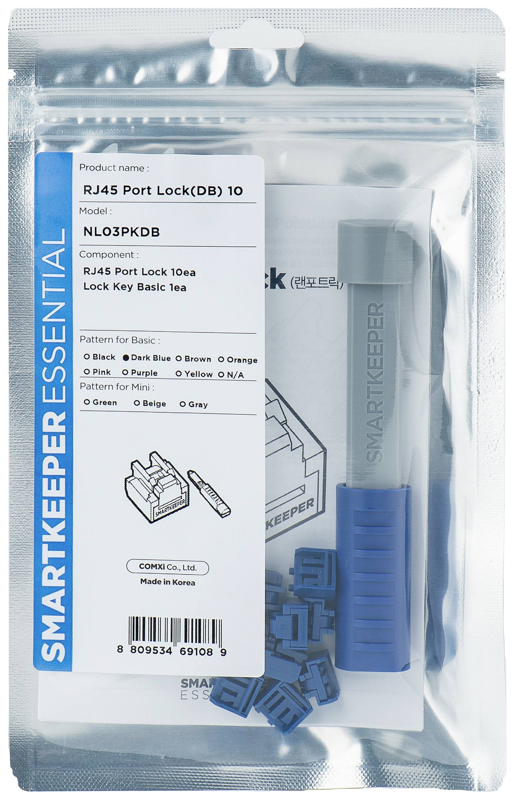 Eine Verpackung mit 'RJ45 Port Lock' von Smartkeeper, Modell NL03PKDB, bestehend aus 10 blauen RJ45-Port-Sicherungen und Zubehör.