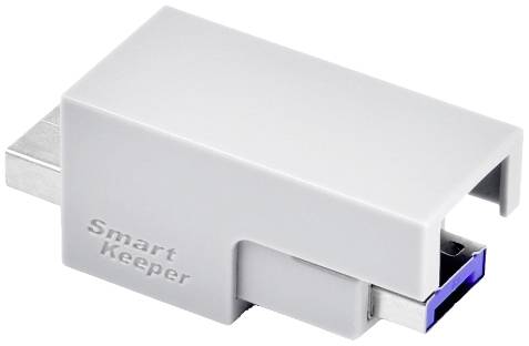 USB-Schutzkappe aus Kunststoff, grau, mit der Aufschrift 'Smart Keeper', schützt USB-Anschluss vor Staub und Beschädigungen.